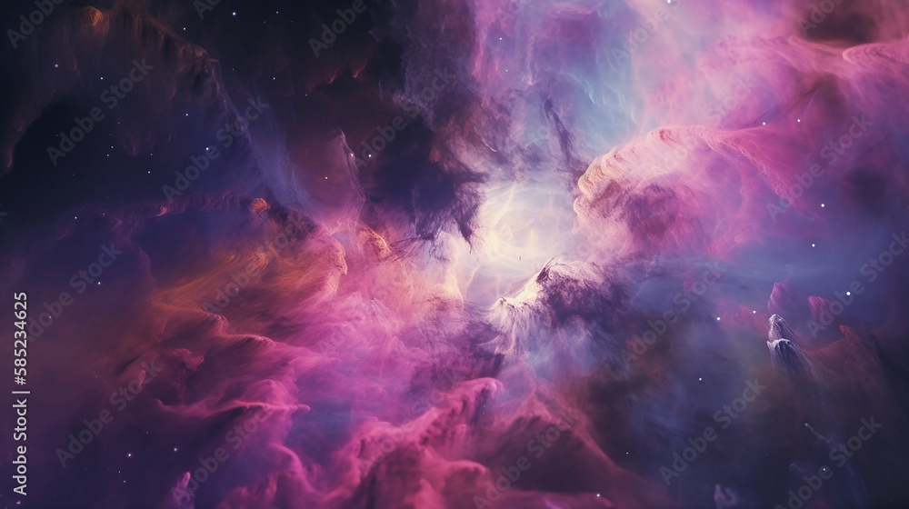 A beautiful nebula in outer space, with bright pink and purple colors swirling throughout it, and a galaxy with long arms visible. Generative AI