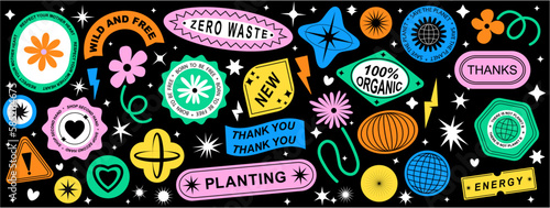 Set Collection of elements patches, labels, tags, stickers, and stamps. Zero waste, Planet, plants, recycle, save the planet. Vector set, trendy 