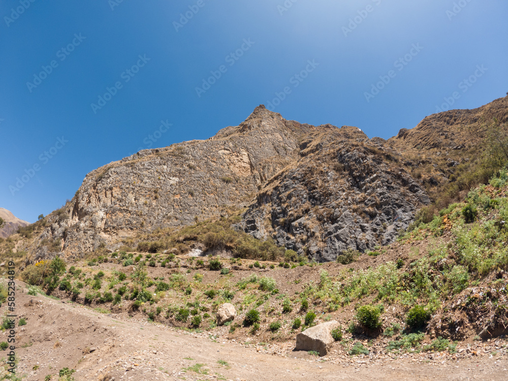 HUANCAVELICA, PERU - MARCH 25, 2023: Potocchi Mountain. Close view. HUANCAVELICA, PERU - MARCH 25, 2023: Potocchi Mountain. Close view.