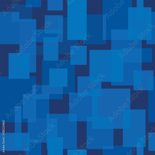 Blue square seamless pattern. Geometric shapes with different opacity repeat on dark background. Vector illustration.
