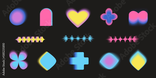 Gradient abstract blur shapes, blurry heart, stars, moon and floral aesthetic elements on black background Colorful soft gradients. Different geometric shapes with blur effect vector set. EPS 10