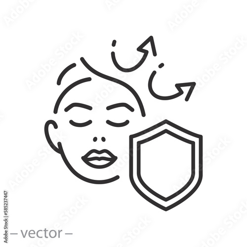 face with shield icon, skin protection, keep from external influences, thin line symbol on white background - editable stroke vector illustration eps10