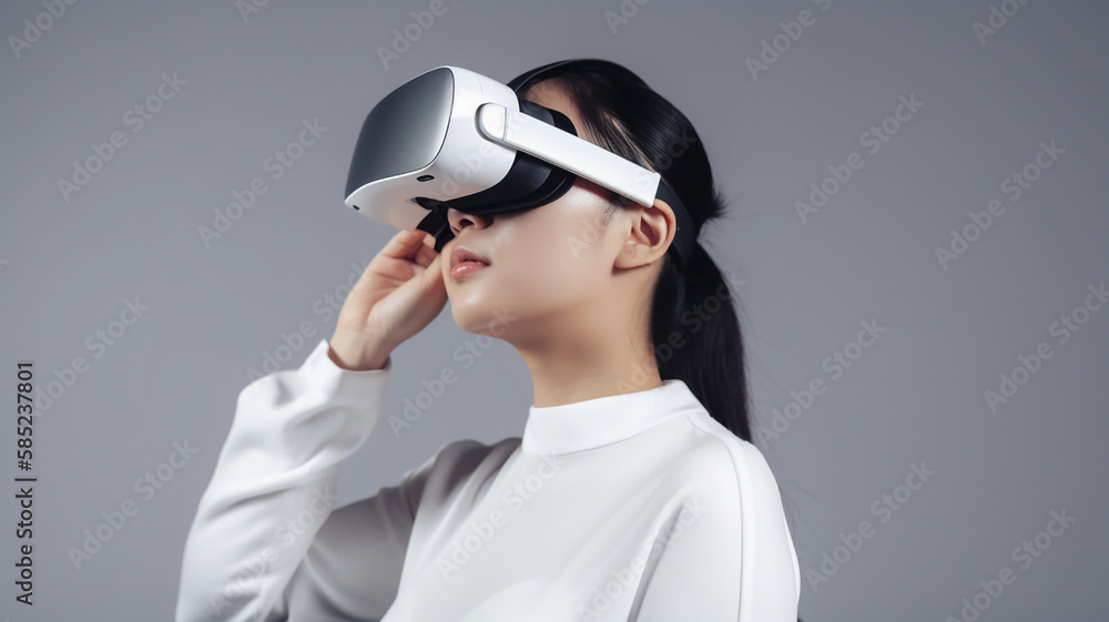 brunette girl with virtual VR glasses in an unreal futuristic world. Generative AI brunette girl with virtual VR glasses in an unreal futuristic world. Generative AI