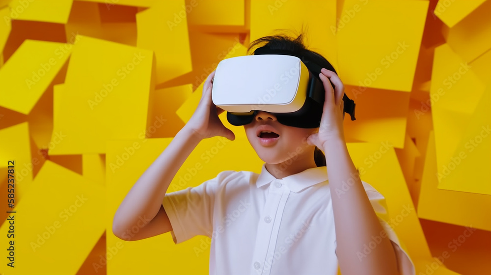 children boys on a yellow background with virtual VR glasses in an unreal futuristic world are watching and laughing. Generative AI