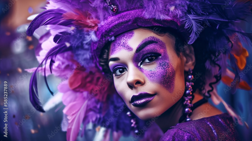 illustration of a girl in a carnival costume in purple  and white color .Generative AI