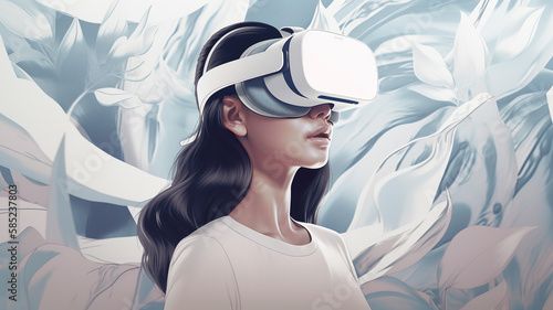 brunette girl with virtual VR glasses in an unreal futuristic world. Generative AI