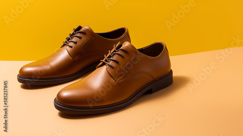 stylish elegant men's shoes on a yellow background .Generative AI
