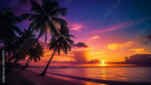 beautiful landscape view of the seashore with palm trees at sunset .Generative AI