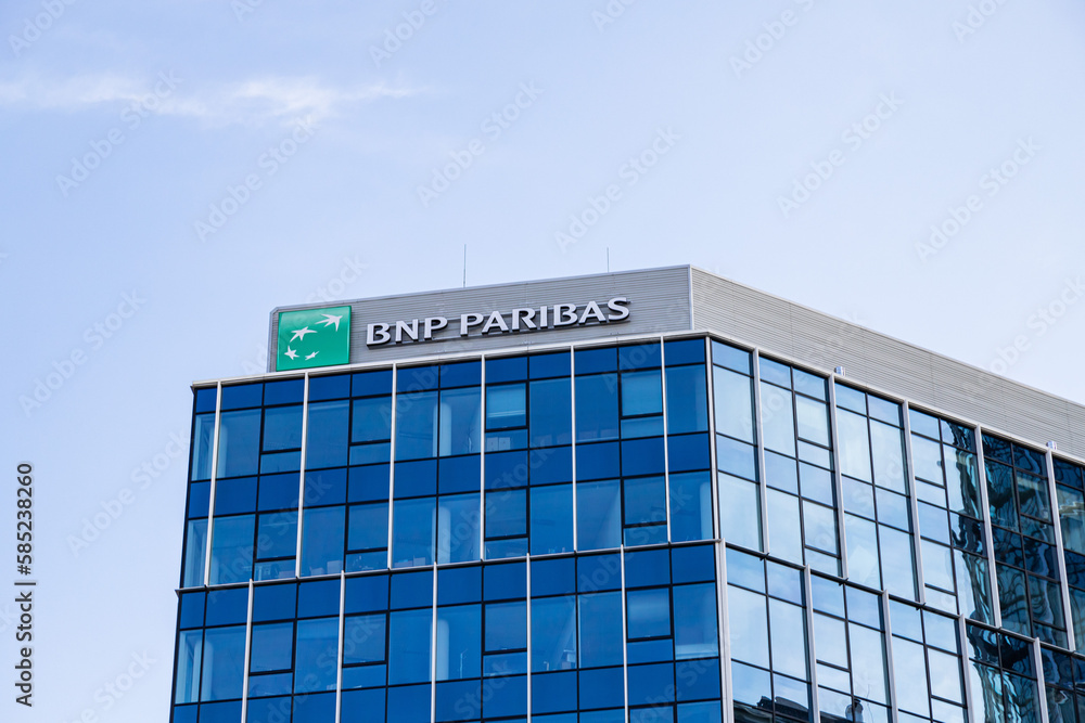 Warsaw, Poland March 25, 2023 View at BNP Paribas bank logotype at