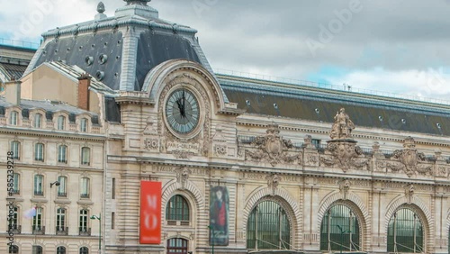 The musee d'Orsay timelapse. Museum in Paris, on the left bank of the Seine. View from Royal bridge. Musee d'Orsay has the largest collection of impressionist paintings in the world. Paris, France