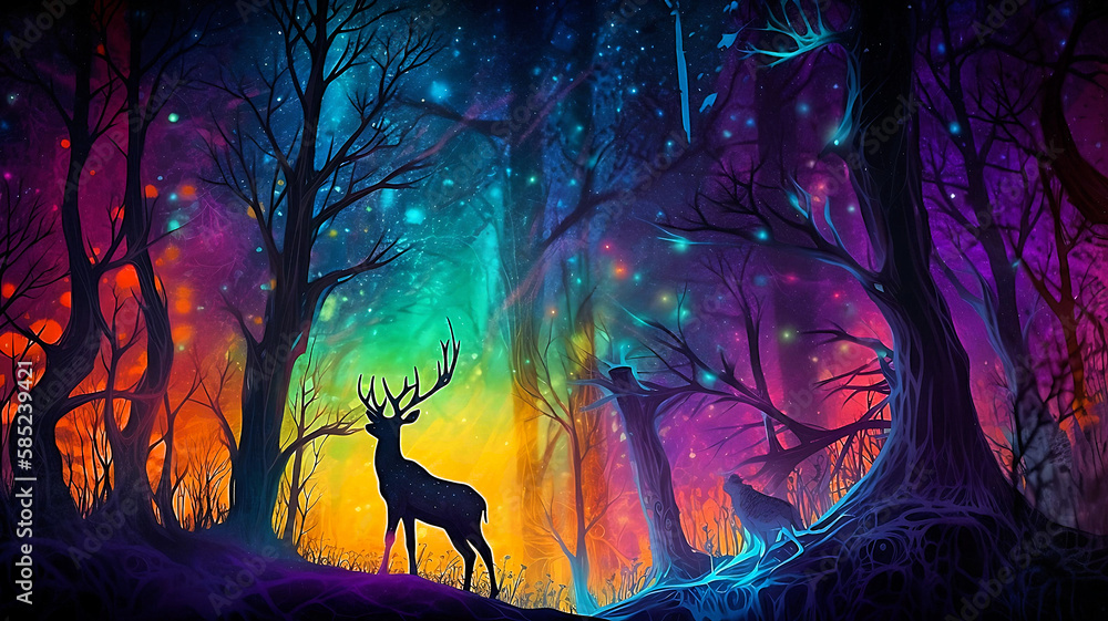 Portrait of a deer in a mystical forest with northern lights colors Portrait of a deer in a mystical forest with northern lights colors