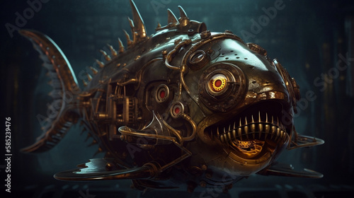 Steampunk artistic golden piranha made with Generative AI © Razvan