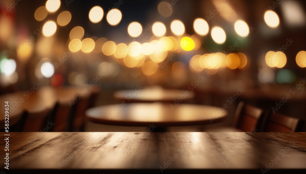 Empty wooden table top with lights bokeh 01 Generative AI