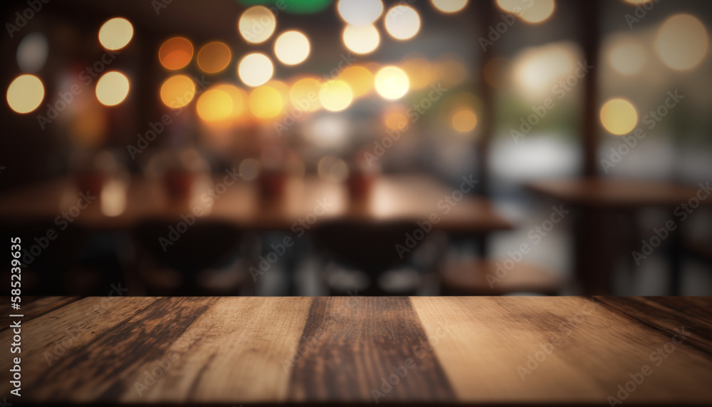 Empty wooden table top with lights bokeh Generative AI