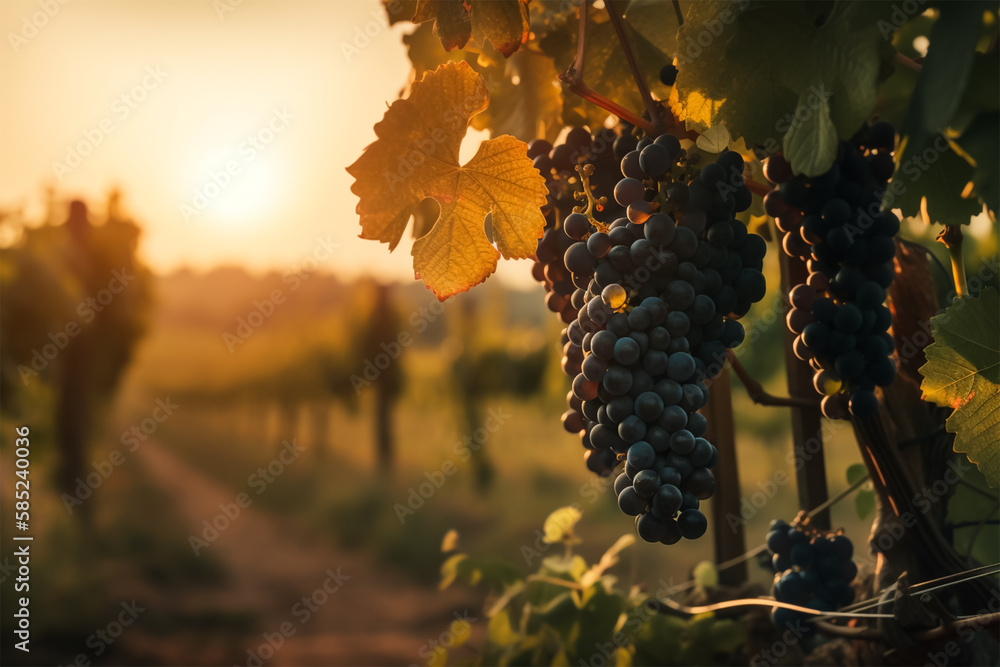 Fototapeta premium A bunch of grape are hanging from a vine in a vineyard at sunset light