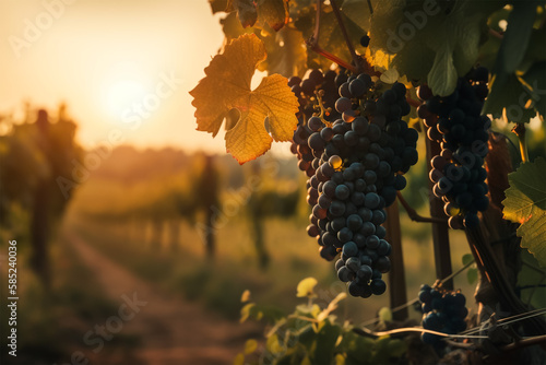 A bunch of grape are hanging from a vine in a vineyard at sunset light