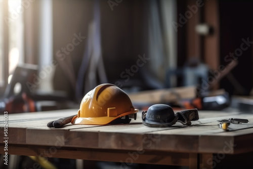 Safety Construction Worker Hat isolated on blurred industry background