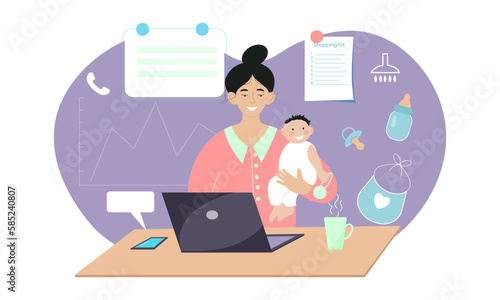 Woman freelancer working from home with child. Balance between work and motherhood