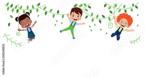 children hanging from branch playing cute
