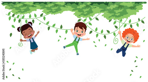 children hanging from branch playing cute
