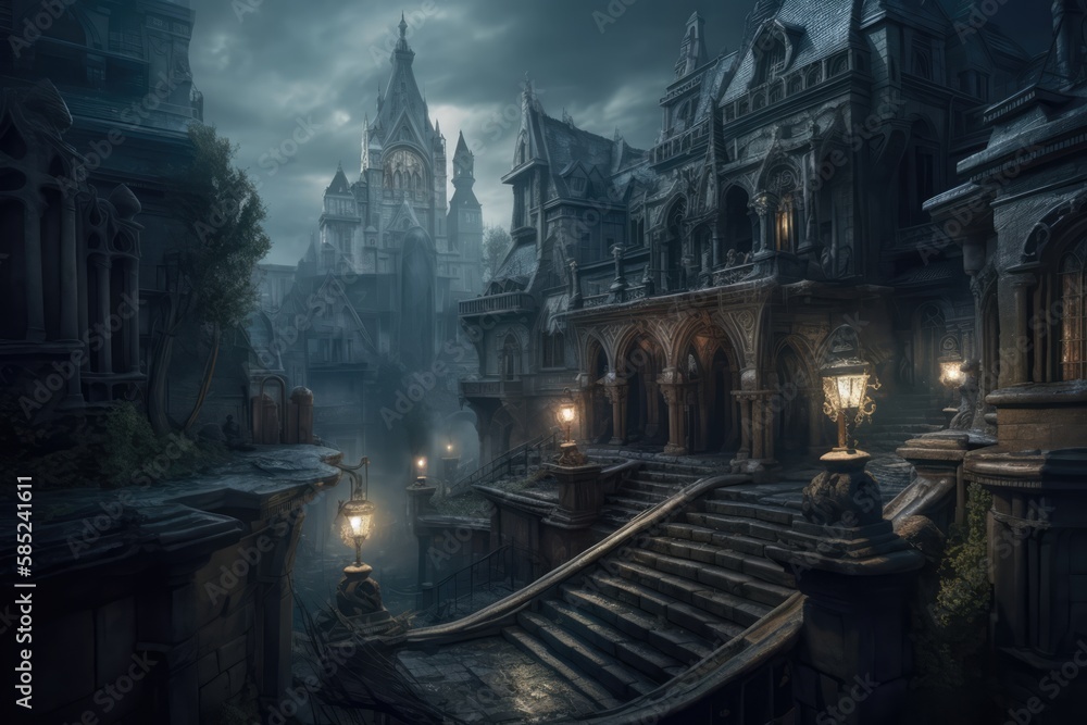 The fantastic dark city with mythical, magical atmosphere treasures