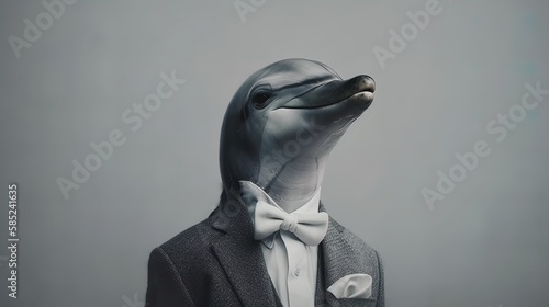 Dolphin in suit: Studio Shot of a Dolphin in Business clothes, Mixing Professional and Animal portrait concept in 8K created with generative ai technology