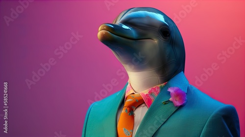 Dolphin in suit: Studio Shot of a Dolphin in Business clothes, Mixing Professional and Animal portrait concept in 8K created with generative ai technology