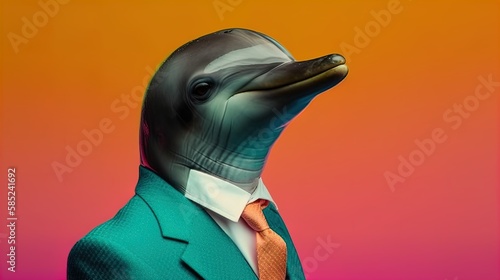 Dolphin in suit: Studio Shot of a Dolphin in Business clothes, Mixing Professional and Animal portrait concept in 8K created with generative ai technology