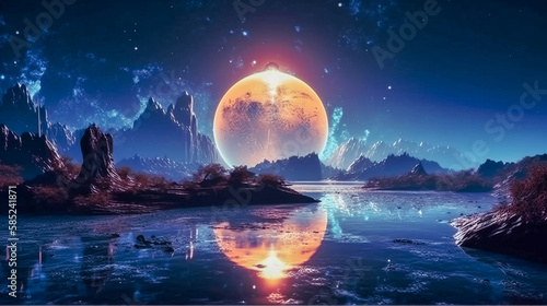 Futuristic fantasy sci-fi landscape mountains, lake, with large planet. Galaxy, with light reflection in water. AI generated.