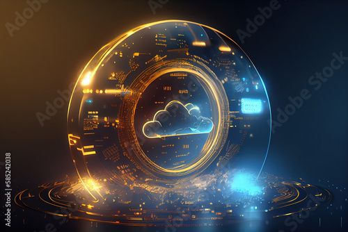 Digital informational technology web futuristic hologram with cloud icon, blue golden light digits and code background, cloud computing. Abstract Motion of digital data flow. - Generative AI