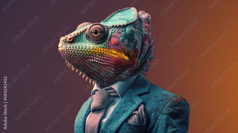 Chameleon in suit: Studio Shot of a Chameleon in Business clothes, Mixing Professional and Animal portrait concept in 8K created with generative ai technology - obrazy, fototapety, plakaty 