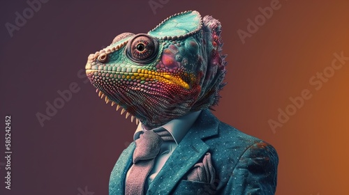 Chameleon in suit: Studio Shot of a Chameleon in Business clothes, Mixing Professional and Animal portrait concept in 8K created with generative ai technology