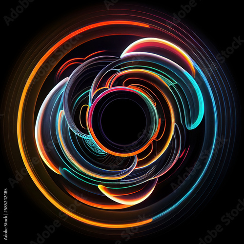 Abstract high-tech illustration of a rainbow portal--swirling neon circles of colorful lights create a centered, glowing entry to another dimension. Black background (generative ai, ai)