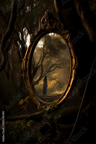 Magic looking oval mirror with complex frame in the autumn woods  reflex of a girl or woman in the mirror 