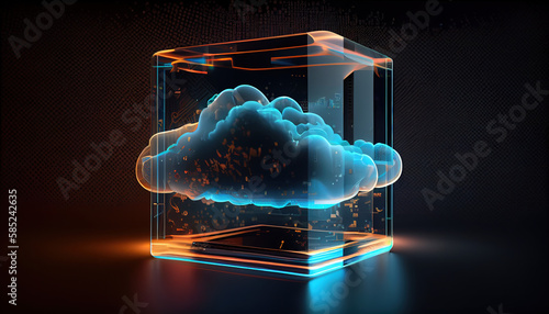 Digital informational technology web futuristic hologram with cloud icon, blue golden light digits and code background, cloud computing. Abstract Motion of digital data flow. - Generative AI