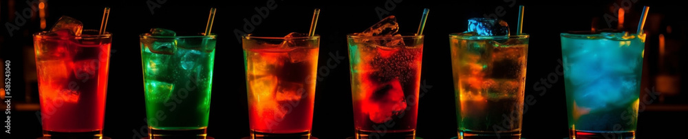 6 neon Cocktails / Drinks in Neonfarben und Neonlicht. Generative Ai.  - obrazy, fototapety, plakaty 