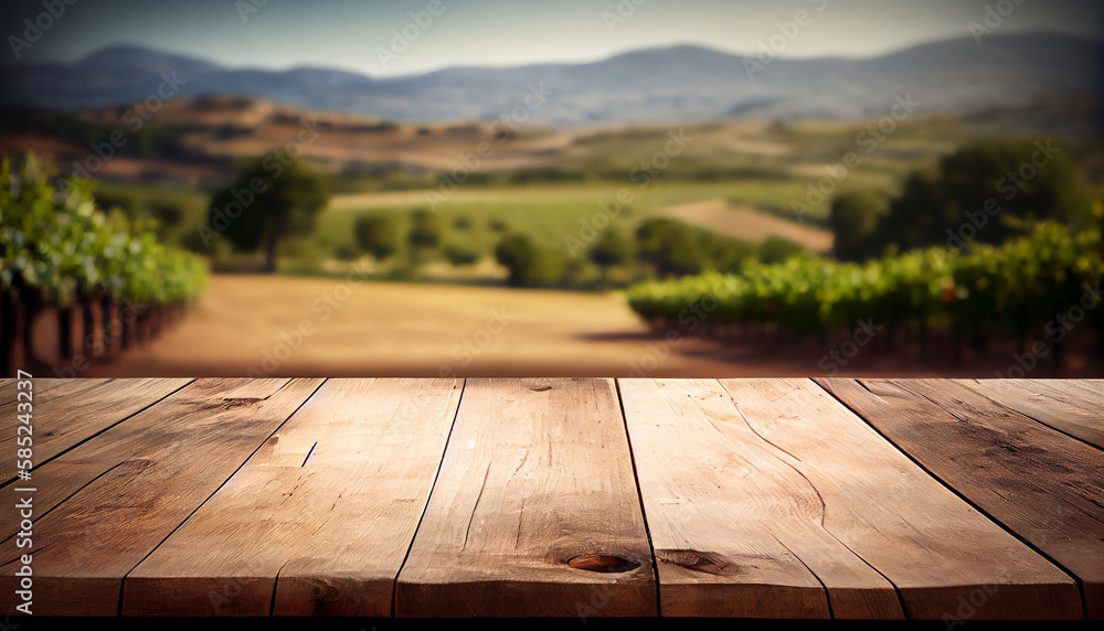 Image of wooden table in front of blurred vineyard landscape at sunset light. vintage filtered. glitter overlay
