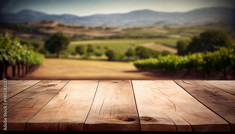 Image of wooden table in front of blurred vineyard landscape at sunset light. vintage filtered. glitter overlay Image of wooden table in front of blurred vineyard landscape at sunset light. vintage filtered. glitter overlay