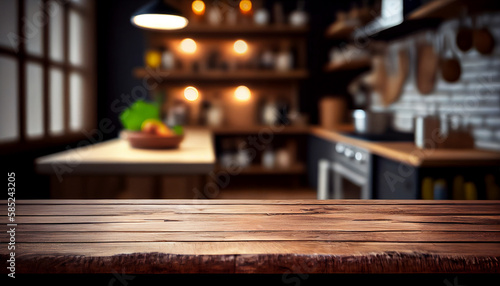 Wood table top on blur kitchen room background .For montage product display or design key visual layout.