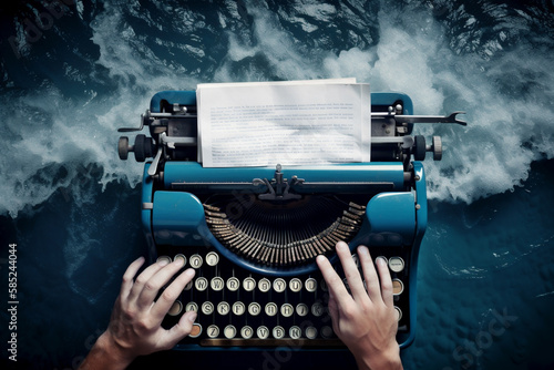 Writer creativity imagination drama adventure novel book, concept illustration, typewriter flying over stormy sea waves. Generative AI