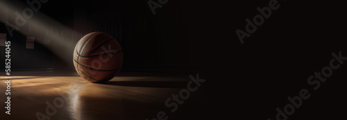 Basketball banner with copy space, ball on playground of arena illuminated by spotlight. Generative AI © fabioderby