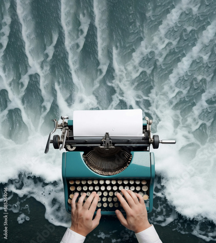 Writer creativity imagination adventure novel book, concept illustration, typewriter flying over sea waves, copy space on top. Generative AI photo