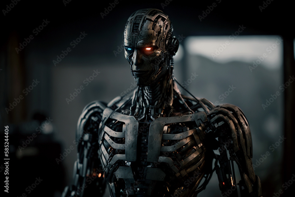 Vertical shot of scary robot after apocalypse, Futuristic deadly cyborg Generative AI Vertical shot of scary robot after apocalypse, Futuristic deadly cyborg Generative AI