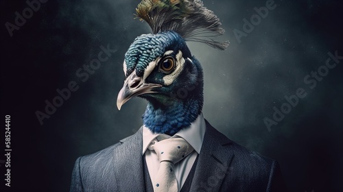 Peacock in suit: Studio Shot of a Peacock in Business clothes, Mixing Professional and Animal portrait concept in 8K created with generative ai technology photo