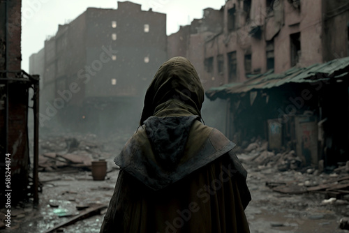 Vertical shot of a girl after earthquake, destroyed homes after the war Generative AI