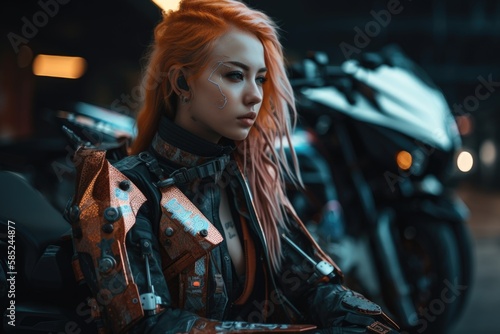 Woman in futuristic cyberpunk outfit with orange hair next to motor bike. futuristic samurai cosplay in cinematic look - generative ai