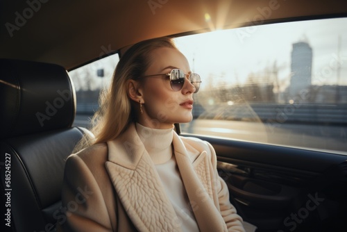 Portrait of business woman with sun glasses on backseat of luxury limousine driving through the city - generative AI © Cristiano Venti