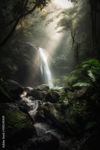 Beautiful small waterfall in jungle with light mist and particles in the air - generative ai