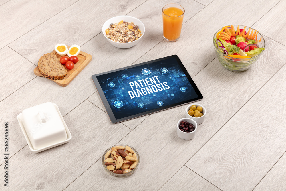 Tablet Pc with fruits, healthy concept Tablet Pc with fruits, healthy concept