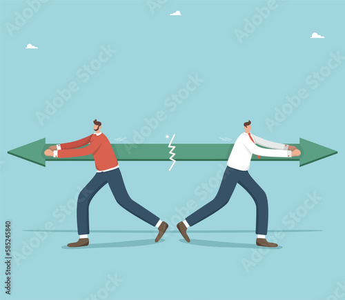 Different vision of business development, team conflicts and disagreements in the process of work, methods and ways to achieve goals, businessmen pull the arrow in different directions and break it.